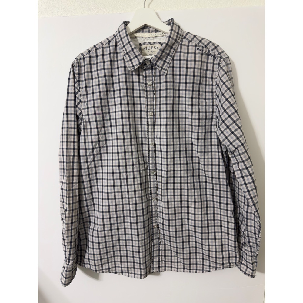 Guess Plaid Button Down Shirt Mens L Grey Navy Blue Long Sleeve Americana Prep